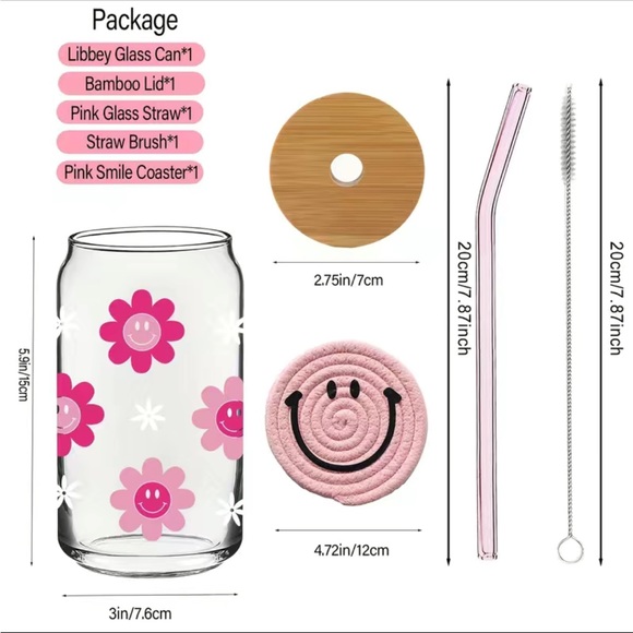 New 16oz Pink Smile and Flower Libbey Glass Can and Bamboo Lid 5 Piece Set - Picture 2 of 4